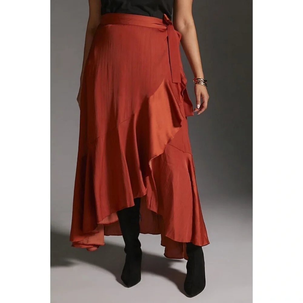 Anthropologie Maeve Ruffled Wrap Maxi Skirt Dark Orange Size 1X NWT